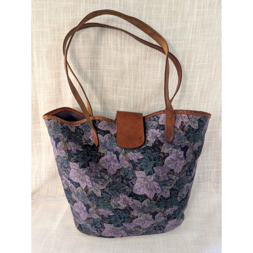 Vintage Laura Ashley Purple Floral Canvas w/ Leather Strap Tote Bag Shoulder Bag